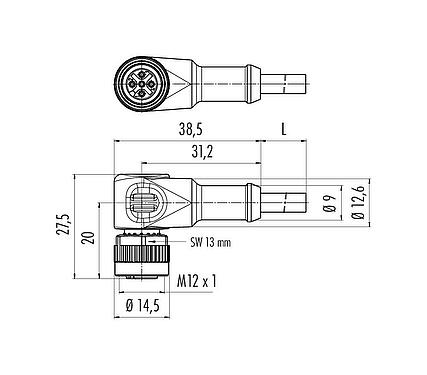 Scale drawing M12 Female angled connector, Contacts: 4, unshielded, moulded on the cable, IP68/IP69K, UL 2238, PVC, grey, 4 x 0.34 mm², 2 m