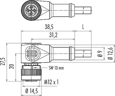 Výkres v měřítku M12 Úhlový box, : 5, nestíněný, vylisované na kabelu, IP68/IP69K, UL 2238, PUR, černá, 5 x 0,34 mm², 2 m