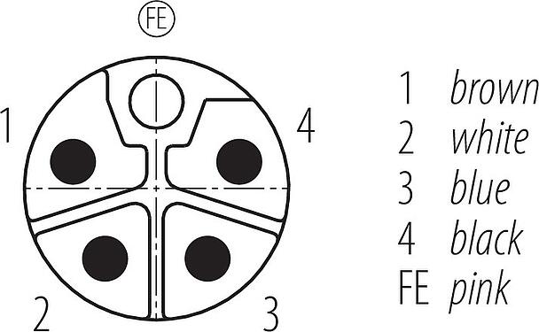 Disposition des contacts (Côté plug-in) M12 Connecteur mâle - connecteur femelle, Contacts: 4+FE, non blindé, surmoulé sur le câble, IP68, PUR, noir, 5 x 2,50 mm², UL en préparation, 5 m