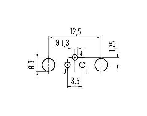 Conductor layout M8 Female panel mount connector, Contacts: 3, shieldable, THT, IP67, UL 2238, M10x0.75, Rear mounting