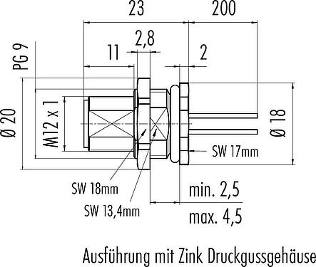 Maßzeichnung M12 Flanschstecker, Polzahl: 4, ungeschirmt, Litzen, IP68, UL 2238, PG 9, Rückwandmontage