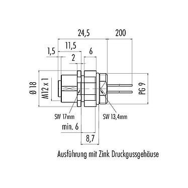 Maßzeichnung M12 Flanschdose, Polzahl: 5, ungeschirmt, Litzen, IP68, UL 2238, PG 9, Frontmontage