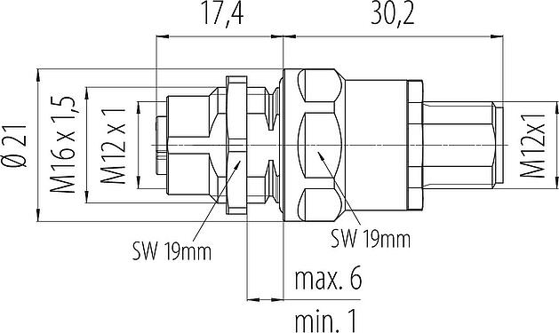 比例图 M12 用于穿控制柜, 极数: 4+FE, 屏蔽, 插拔式, IP67, UL 2238, M12x1.0, 後壁安裝