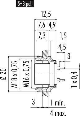 Bản vẽ tỷ lệ M16 Ổ cắm gắn bảng, Số lượng cực : 5 (05-a), không có chống nhiễu, THT, IP40, M18x0,75, Chốt trung tâm