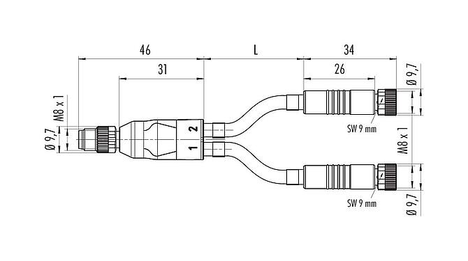 Maßzeichnung M8 Kabelsplitter Kabelstecker - 2 Kabeldosen, Polzahl: 4/3, ungeschirmt, am Kabel angespritzt, IP67, UL 2238, PUR, schwarz, 3 x 0,34 mm², 1 m
