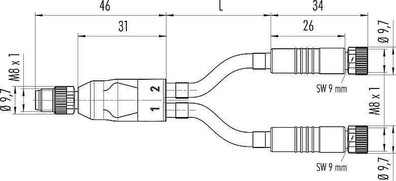 Maßzeichnung M8 Kabelsplitter Kabelstecker - 2 Kabeldosen, Polzahl: 4/3, ungeschirmt, am Kabel angespritzt, IP67, UL 2238, PUR, schwarz, 3 x 0,34 mm², 1 m