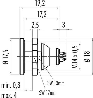 Scale drawing Push Pull Female panel mount connector, Contacts: 8, shieldable, solder, IP67, M14x0,5, Front mounting