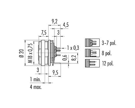 Disegno in scala M16 Connettore femmina a flangia, Numero poli: 8 (08-a), schermabile, THT, IP68, UL 2238, Cumple con AISG, M18x0,75, Montaggio su panello posteriore