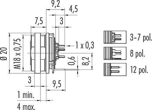 Scale drawing M16 Female panel mount connector, Contacts: 4 (04-a), shieldable, THT, IP67, UL 2238, M18x0,75, Rear mounting