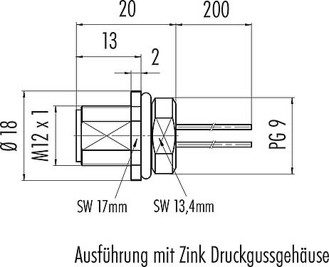 Maßzeichnung M12 Flanschstecker, Polzahl: 4, ungeschirmt, Litzen, IP68, UL 2238, PG 9, Frontmontage