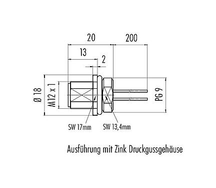 Maßzeichnung M12 Flanschstecker, Polzahl: 4, ungeschirmt, Litzen, IP68, UL 2238, PG 9, Frontmontage