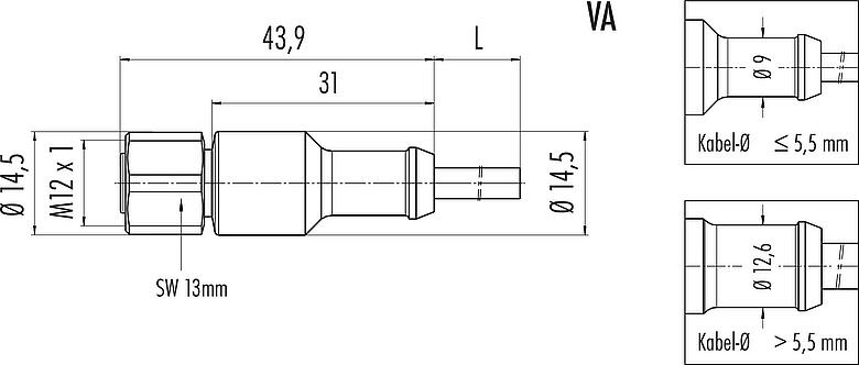 Maßzeichnung M12 Kabeldose, Polzahl: 8, ungeschirmt, am Kabel angespritzt, IP68/IP69K, UL 2238, PUR, schwarz, 8 x 0,25 mm², Edelstahl, 5 m