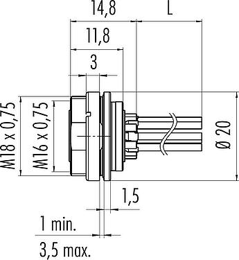 Масштабный чертеж M16 Фланцевая розетка, Количество полюсов: 8 (08-a), не экранированный, одножильные провода, IP68, UL 2238, Cumple con AISG, M18x0,75, Монтаж задней стенки