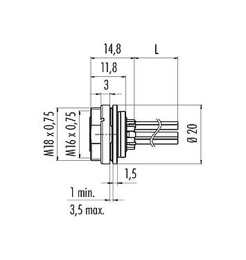 Scale drawing M16 Female panel mount connector, Contacts: 4 (04-a), unshielded, single wires, IP67, UL 2238, M18x0,75, Rear mounting