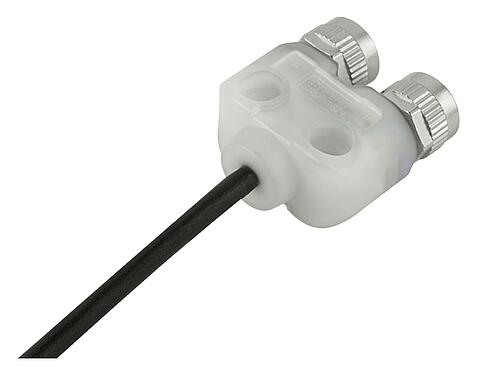 Abbildung M12 Zweifachverteiler, Y-Verteiler, Stecker - 2 Dosen, Polzahl: 4, ungeschirmt, am Kabel angespritzt, IP68, UL 2238, PUR, schwarz, 4 x 0,25 mm², mit LED PNP, 2 m