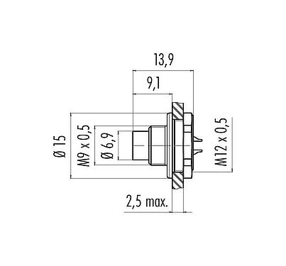 Schaaltekening M9 Male panel mount connector, aantal polen: 2, onafgeschermd, soldeer, IP67, M12x0,5, Frontaansluiting