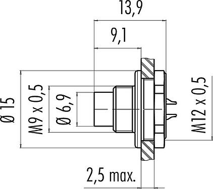 Scale drawing M9 Male panel mount connector, Contacts: 2, unshielded, solder, IP67, M12x0.5, Front mounting, potted