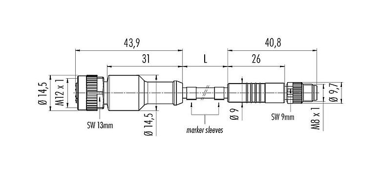 Dessin coté M12/M8 Connecteur femelle - Connecteur mâle, Contacts: 4, non blindé, surmoulé sur le câble, IP67/IP69K, UL 2238, PUR, noir, 4 x 0,34 mm², 1 m