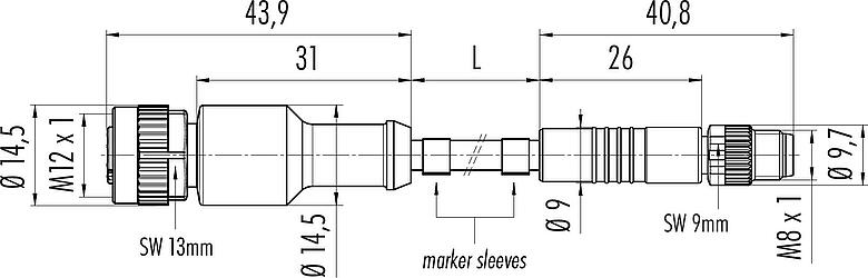 Scale drawing M12/M8 Female cable connector - Male cable connector, Contacts: 3, unshielded, moulded on the cable, IP67/IP69K, UL 2238, PUR, black, 3 x 0.34 mm², 2 m