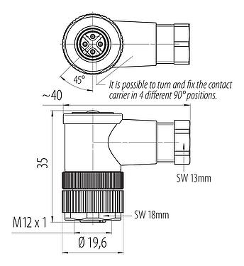 比例圖 M12 彎角孔頭電纜連接器, : 4, 4.0-6.0mm, 非遮罩, 螺釘接線, IP67, UL 2238