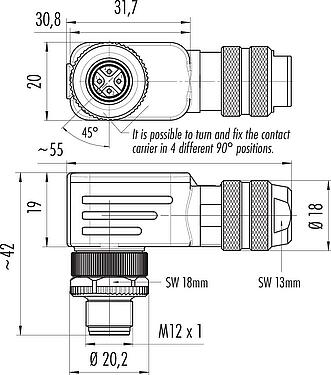 縮尺図 M12 オスアングルコネクタ, 極数: 4, 6.0-8.0mm, シールド可能, ねじ圧着, IP67, UL 2238, シールドリング付き