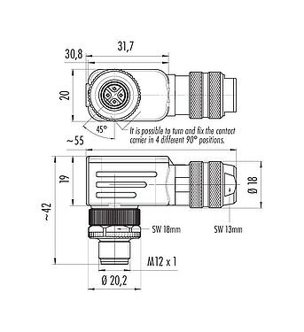 比例圖 M12 彎角針頭電纜連接器, : 4, 6.0-8.0mm, 可接遮罩, 螺釘接線, IP67, UL 2238, 附防護環