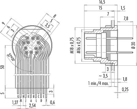 Connection & dimensions M16 Male panel mount connector, Contacts: 12 (12-a), unshielded, THT, IP40, M18x0,75, Rear mounting