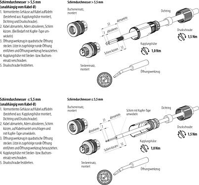 Montageanleitung M12 Kabelstecker, Polzahl: 4, 5,0-8,0 mm, schirmbar, Käfigzugfeder, IP67, Irisfeder