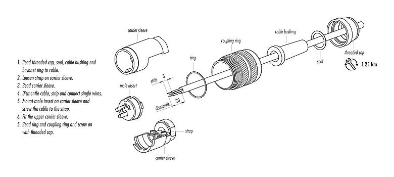 Assembly instructions M25 Male cable connector, Contacts: 7, 5.0-8.0 mm, shieldable, solder, IP40