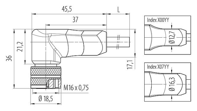 Dessin coté M16 Connecteur femelle coudé, Contacts: 7 (07-b), blindé, surmoulé sur le câble, IP67, PUR, noir, 7 x 0,25 mm², 5 m