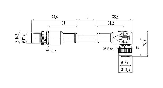 Maßzeichnung M12 Verbindungsleitung Kabelstecker - Winkeldose mit LED, Polzahl: 4, ungeschirmt, am Kabel angespritzt, IP68/IP69K, PUR, schwarz, 4 x 0,34 mm², mit LED PNP, 1 m