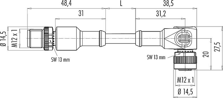 Schaaltekening M12 Verbindingskabel kabelstekker - female haakse connector met LED, aantal polen: 4, onafgeschermd, aan de kabel aangegoten, IP68/IP69K, PUR, zwart, 4 x 0,34 mm², met LED PNP, 1 m