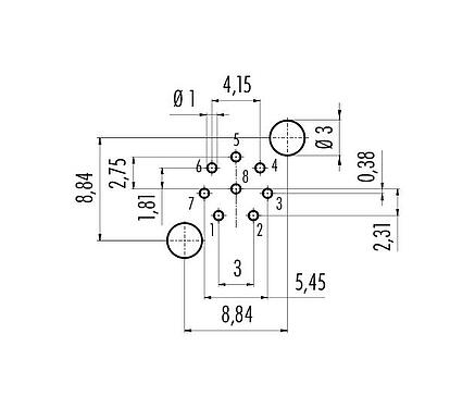 Lábkiosztás M12 panelre szerelhető csatlakozó, : 8, árnyékolható, THT, IP68, UL 2238, PG 9, hátsó panel felszerelés