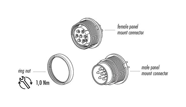 Component part drawing 09 0312 99 04 - M16 Female panel mount connector, Contacts: 4 (04-a), unshielded, THT, IP40, front fastened