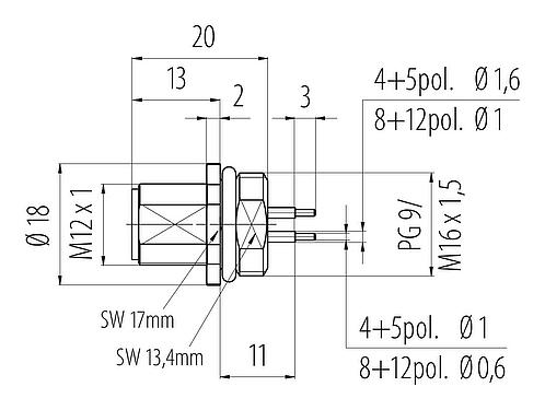 Desenho da escala M12 Bujão flangeado, Contatos: 5, desprotegido, THT, IP68, UL 2238, PG 9, Montagem frontal