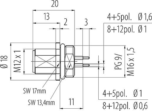 Scale drawing M12 Male panel mount connector, Contacts: 5, unshielded, THT, IP68, UL 2238, PG 9, Front mounting