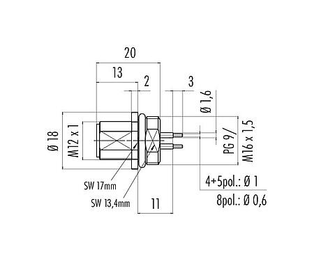 Scale drawing 86 0131 0000 00004 - M12 Male panel mount connector, Contacts: 4, unshielded, THT, IP68, UL, PG 9