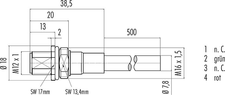Maßzeichnung M12 Flanschstecker, Polzahl: 2, geschirmt, mit Kabel konfektioniert, IP68, M16x1,5, Profibus, PUR, violett, 1 x 2 x 0,25 mm², Frontmontage, 0,5 m