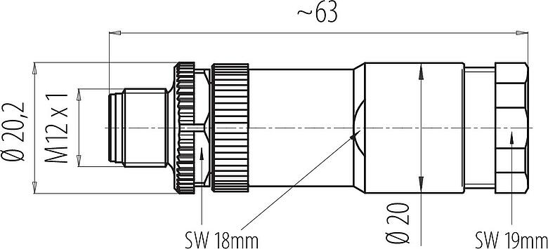 Schaaltekening M12 Duo-kabel male, aantal polen: 4, 2.1-3.0 mm (2 Kabel) of 4-5 mm (2 Kabel), onafgeschermd, schroefklem, IP67, UL 2238