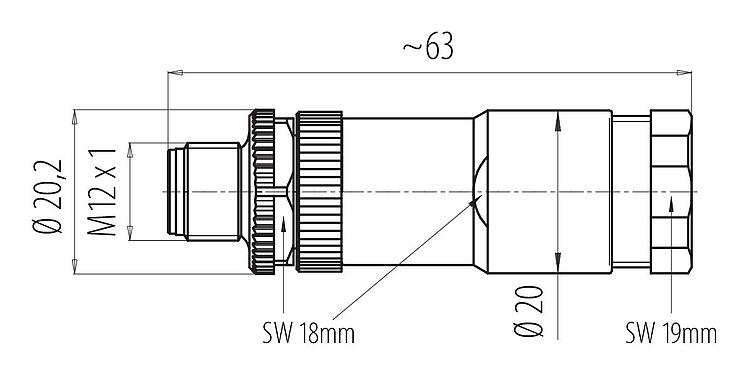 스케일 드로잉 99 0487 186 08 - M12 듀오 케이블 커넥터, 콘택트 렌즈: 8, 2x케이블Ø2.10-3.0mm또 Ø4.0-5.0mm, 차폐되지 않음, 나사 클램프, IP67, UL