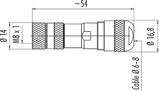 縮尺図 M8 メスケーブルコネクタ, 極数: 3, 6.0-8.0mm, シールド可能, ねじ圧着, IP67, UL 2238, シールドリング付き