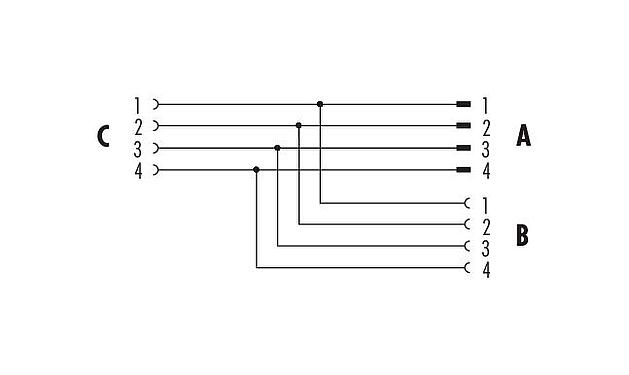 Belegungspläne M12 Zweifachverteiler, Y-Verteiler, Stecker - 2 Dosen, Polzahl: 4, ungeschirmt, steckbar, IP68, UL 2238