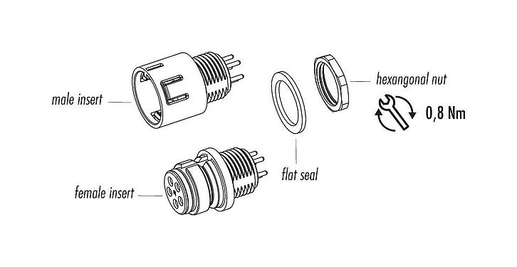 Dessin des composants Snap-In Embase femelle, Contacts: 3, non blindé, THT, IP67, M12x1,0, Montage frontal