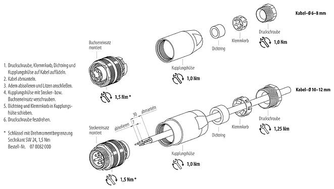 Montageanleitung 7/8" Kabelstecker, Polzahl: 4+PE, 10,0-12,0 mm, ungeschirmt, schraubklemm, IP67, UL 2238, VDE