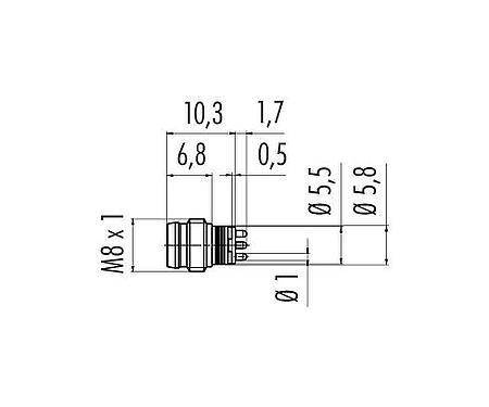 Scale drawing M8 Male receptacle, Contacts: 4, unshielded, THT, IP67, Front mounting
