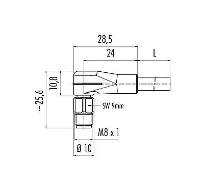 Desenho da escala M8 Plugue angular, Contatos: 4, desprotegido, moldado no cabo, IP67/IP69K, UL 2238, PVC, cinza, 4 x 0,34 mm², Aço inoxidável, 2 m