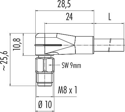 Disegno in scala M8 Connettore angolare maschio, Numero poli: 8, non schermato, stampato sul cavo, IP67/IP69K, UL 2238, PVC, grigio, 8 x 0,25 mm², Acciaio inox, 2 m