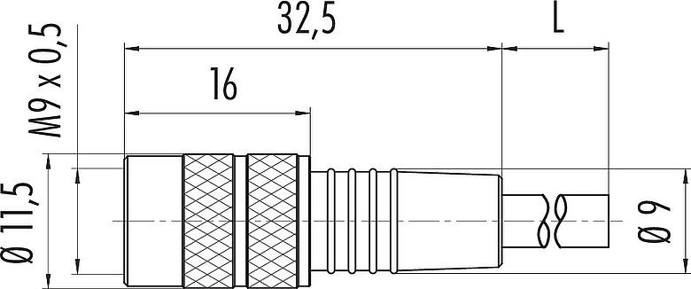 Maßzeichnung M9 Kabeldose, Polzahl: 8, ungeschirmt, am Kabel angespritzt, IP67, PUR, schwarz, 8 x 0,14 mm², 5 m