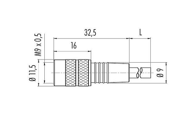Maßzeichnung M9 Kabeldose, Polzahl: 8, ungeschirmt, am Kabel angespritzt, IP67, PUR, schwarz, 8 x 0,14 mm², 2 m