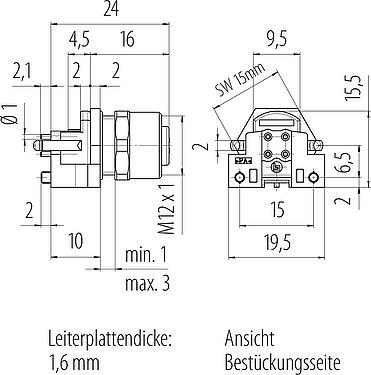Maßzeichnung M12 Flanschdose, Polzahl: 4, schirmbar, THR, IP67, UL 2238, M12x1,0, Rückwandmontage